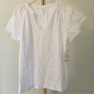 Time and Tru White Cotton Eyelet Flutter Sleeve Top NWT‎